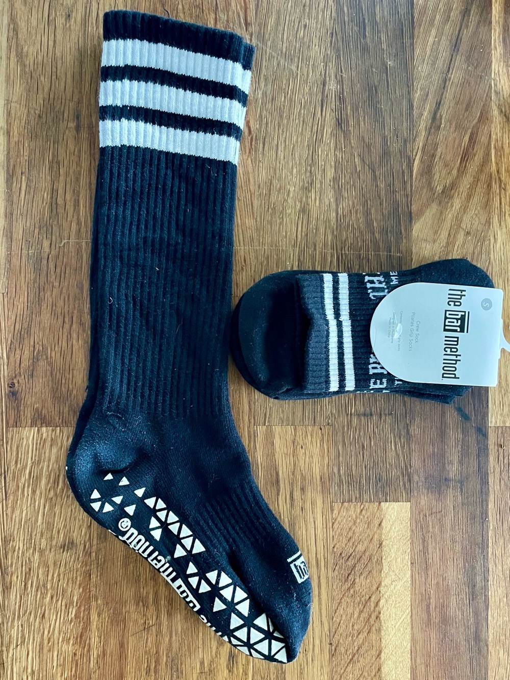 The Bar Method Black Grip Crew Socks with White Stripes - 2 Pairs